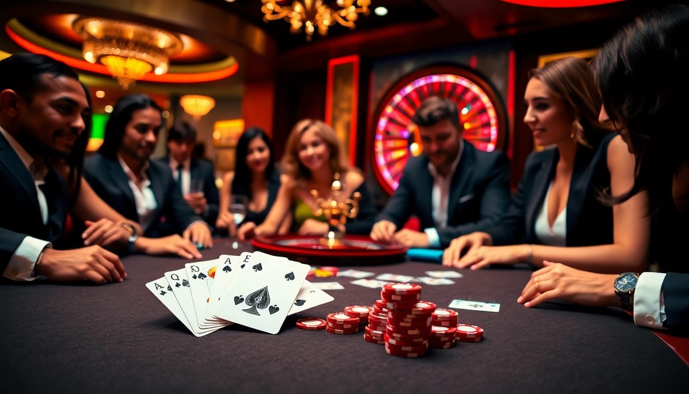 Players enjoying gameplay at lv 88 casino with vibrant roulette wheel and poker table.