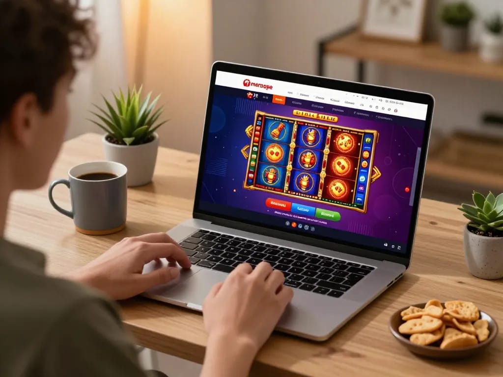 Player enjoying engaging joue gameplay on meroope's platform at home.