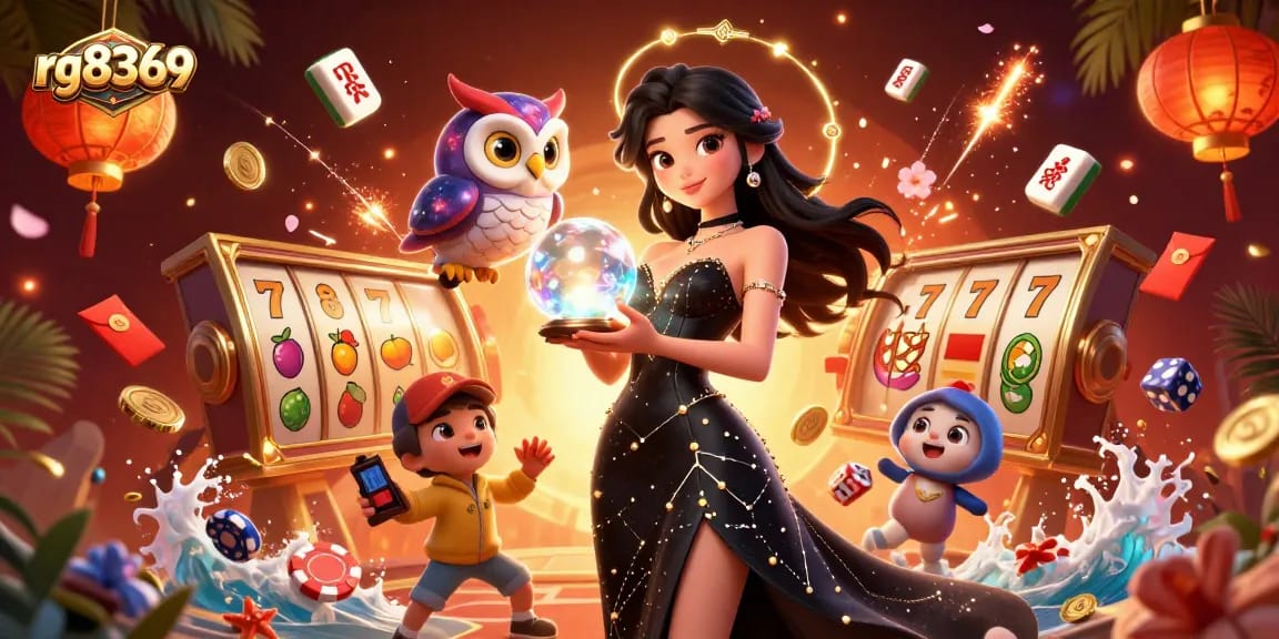 Experience thrilling gameplay at rg8369, featuring stacked slot reels, vibrant poker chips, and dynamic casino elements.