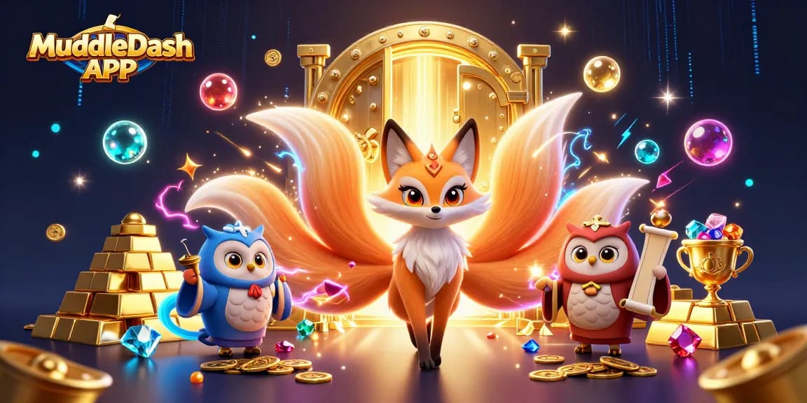Experience the vibrant MuddleDash APK world with glowing spirits, gems, and dynamic gaming energy.