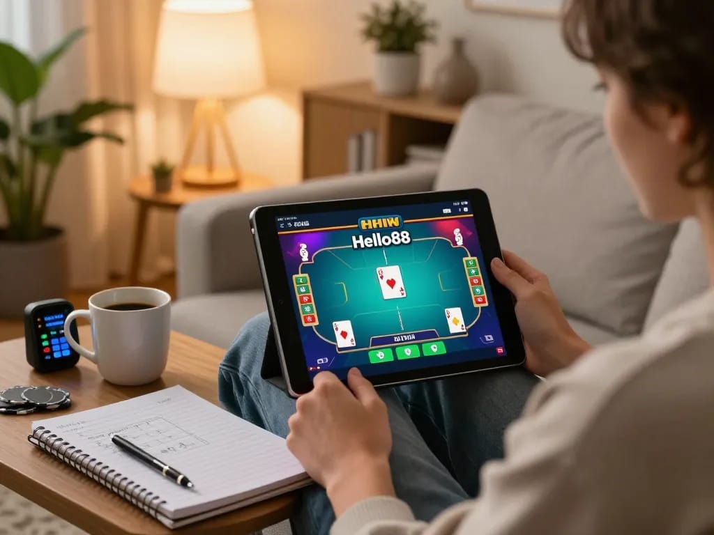 Hello88 player enjoying an online poker game on a tablet in a cozy home setting.