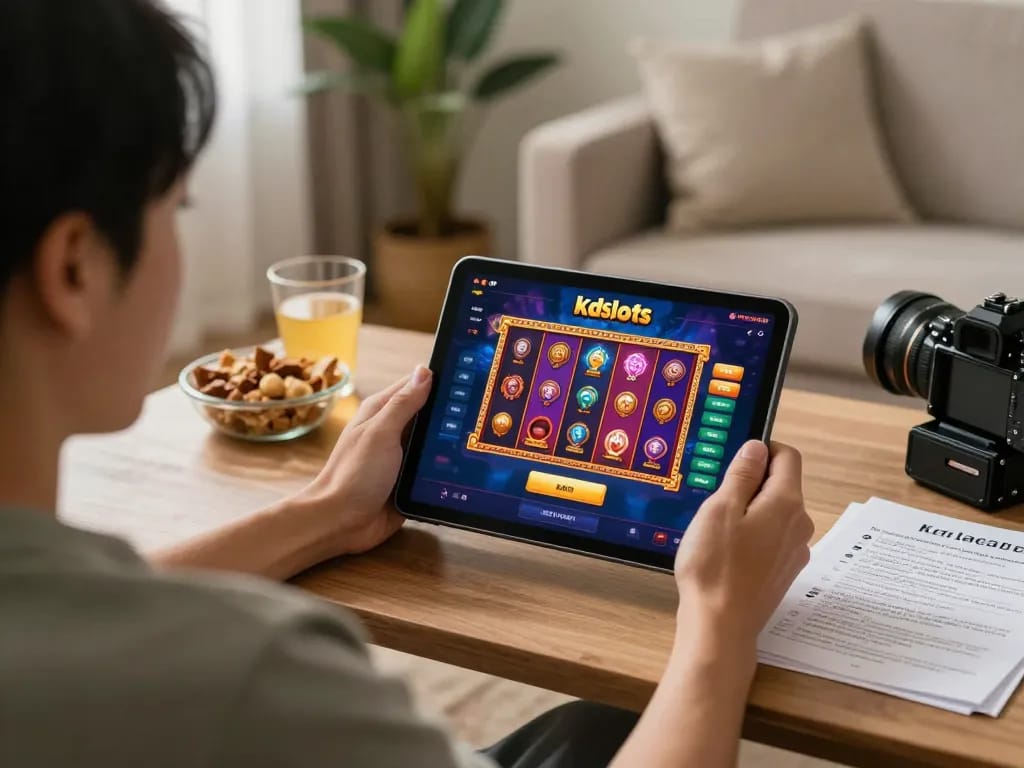 Engaging with kdslots on a tablet during a cozy home gaming session with snacks