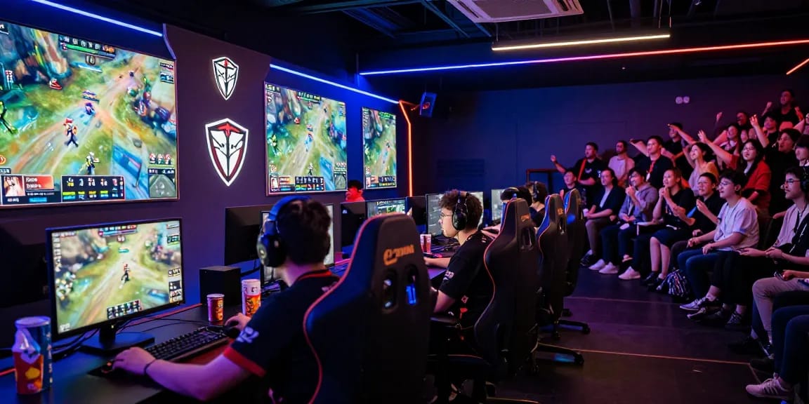 Suasana arena gaming e-sports terjun4d dengan pemain kompetitif serius beraksi.