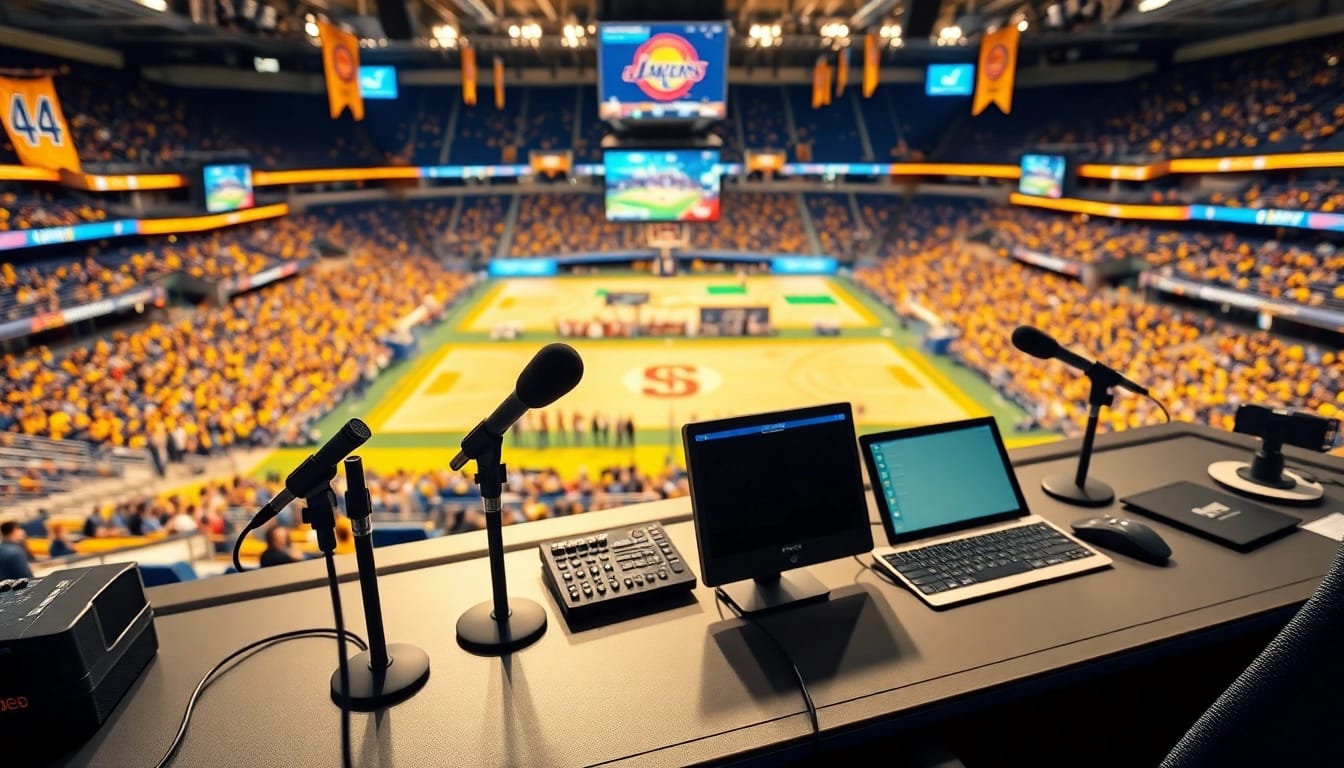 Dynamic sports broadcasting scene featuring advanced equipment and live game feeds.