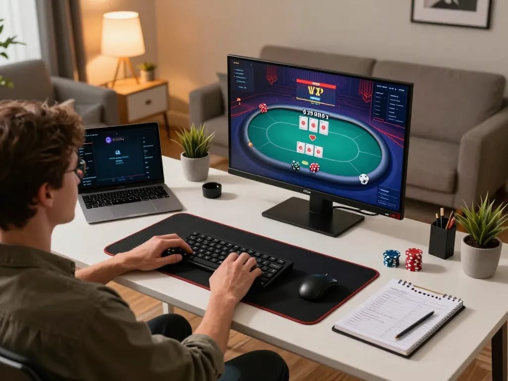 Bergabung dalam permainan poker kompetitif di TEPAT88 dengan chip dan kartu digital yang ditampilkan