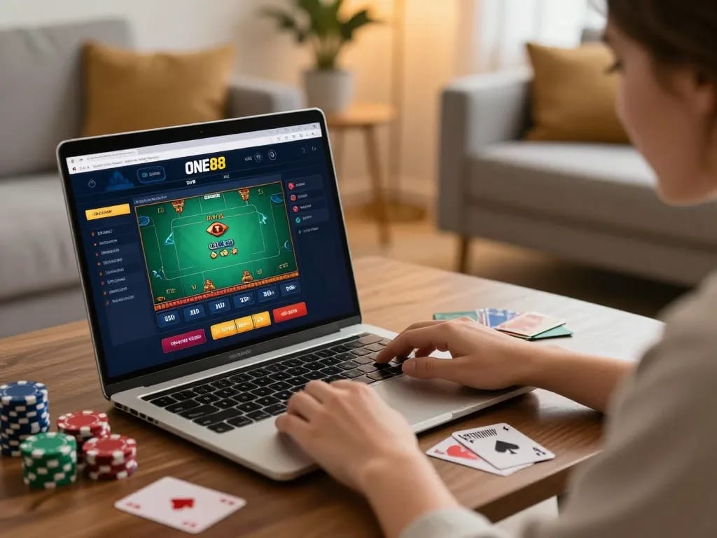 Engaging in online gaming at ONE88 from a cozy home setup with a laptop and betting interface.