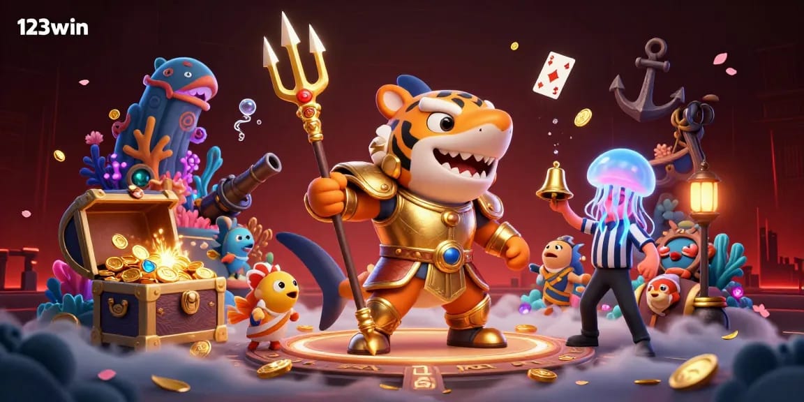 123win unleashes thrilling action in a vibrant underwater colosseum with a tiger shark, celebrating casino excitement.