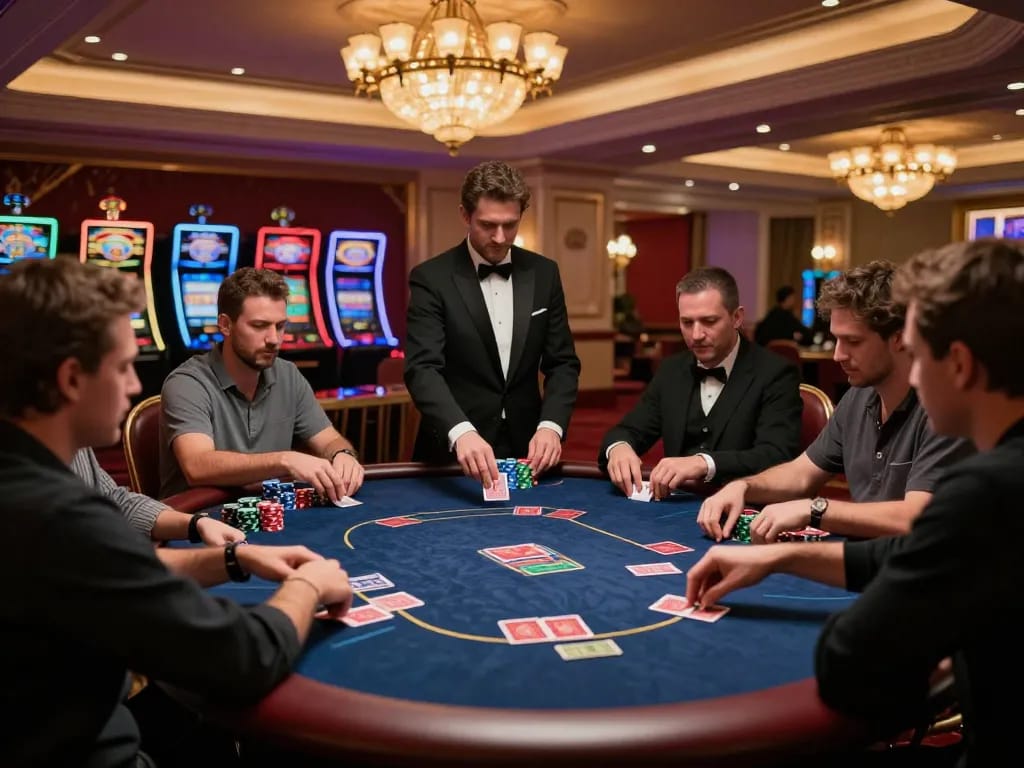 Players enjoying a thrilling poker game at btopcshop's upscale casino, with cards and chips prominently displayed.