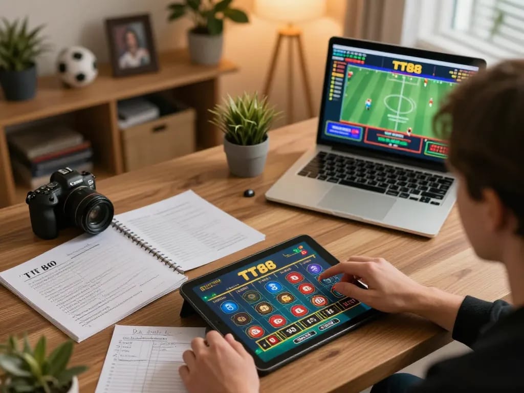 Engaging with TT88 online gaming app on tablet, strategic betting setup in cozy home