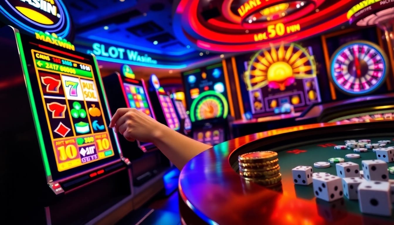 Players enjoying the thrill of Slot Maxwin at a vibrant casino with modern machines and high stakes.
