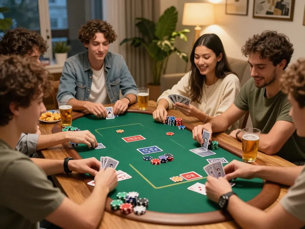 Friends play an engaging poker game at home, highlighting barbanoglass lifestyle moments.
