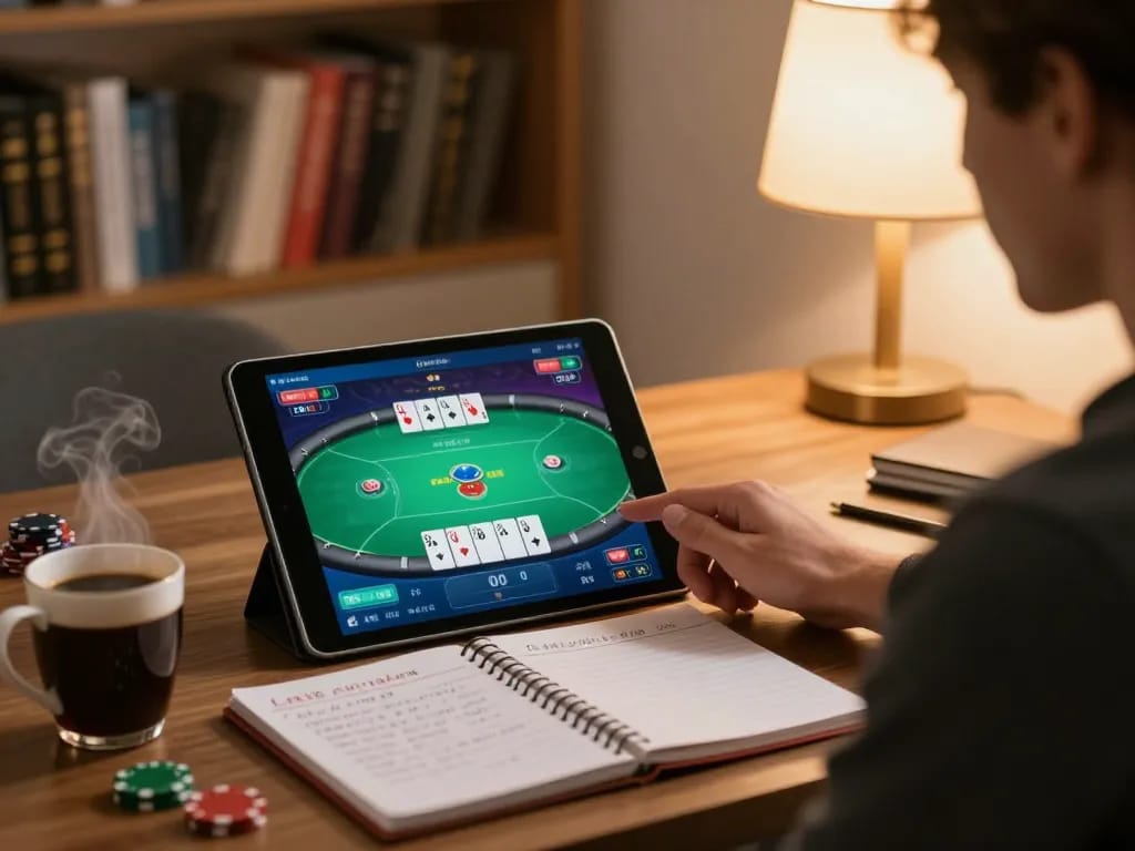 Engaging in strategic online poker at home with b52club on tablet.