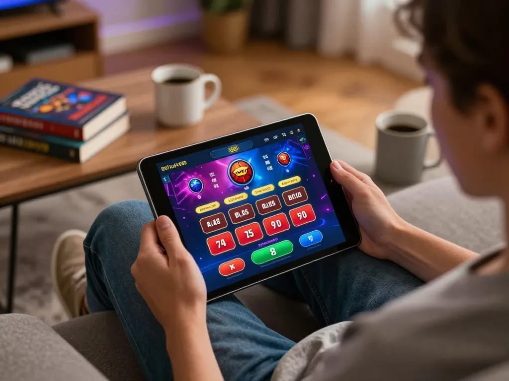 Player engaging with lucky88 platform on tablet in cozy home environment.