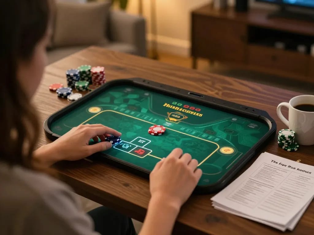 Engaging in online poker game on the tablet, featuring 789P gameplay interface in a cozy setup