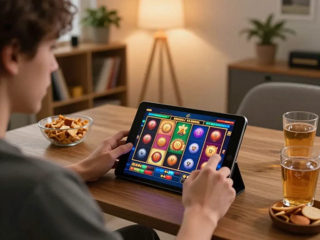 Engaging player using designitezy platform for social slot games at home with warm atmosphere.
