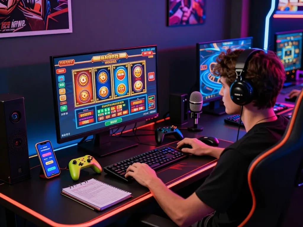 Dynamic online gaming scene featuring gaming desk, computer with casino games, and vibrant decor at https://rr99.it.com/.