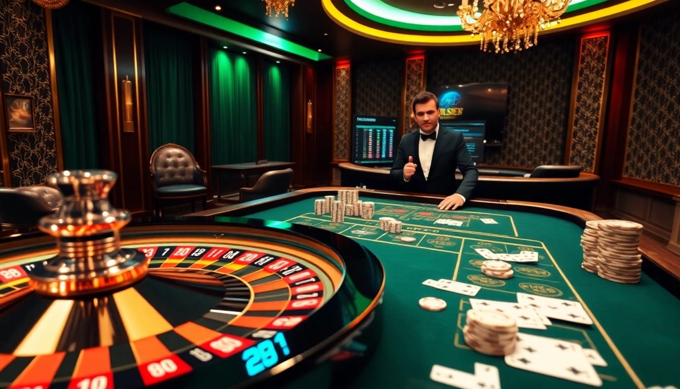Engage in thrilling gameplay at 28bet's luxurious online casino with roulette, cards, and chips.