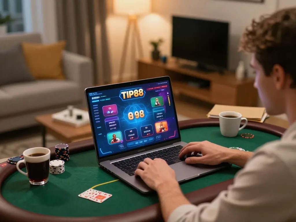 Engaging in live casino gaming on TIP88 platform using a laptop in a cozy home setting