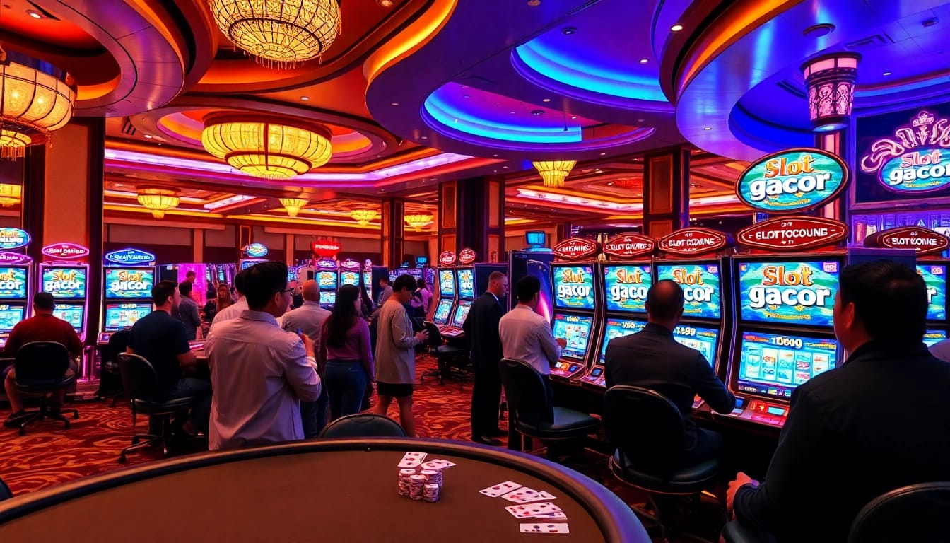 Players enjoying slot gacor machines in a vibrant casino atmosphere filled with excitement.