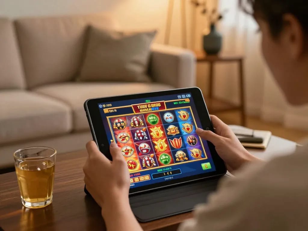 Engaging in situs slot bonus di depan gameplay at home with vibrant slot graphics on tablet, emphasizing responsible gaming