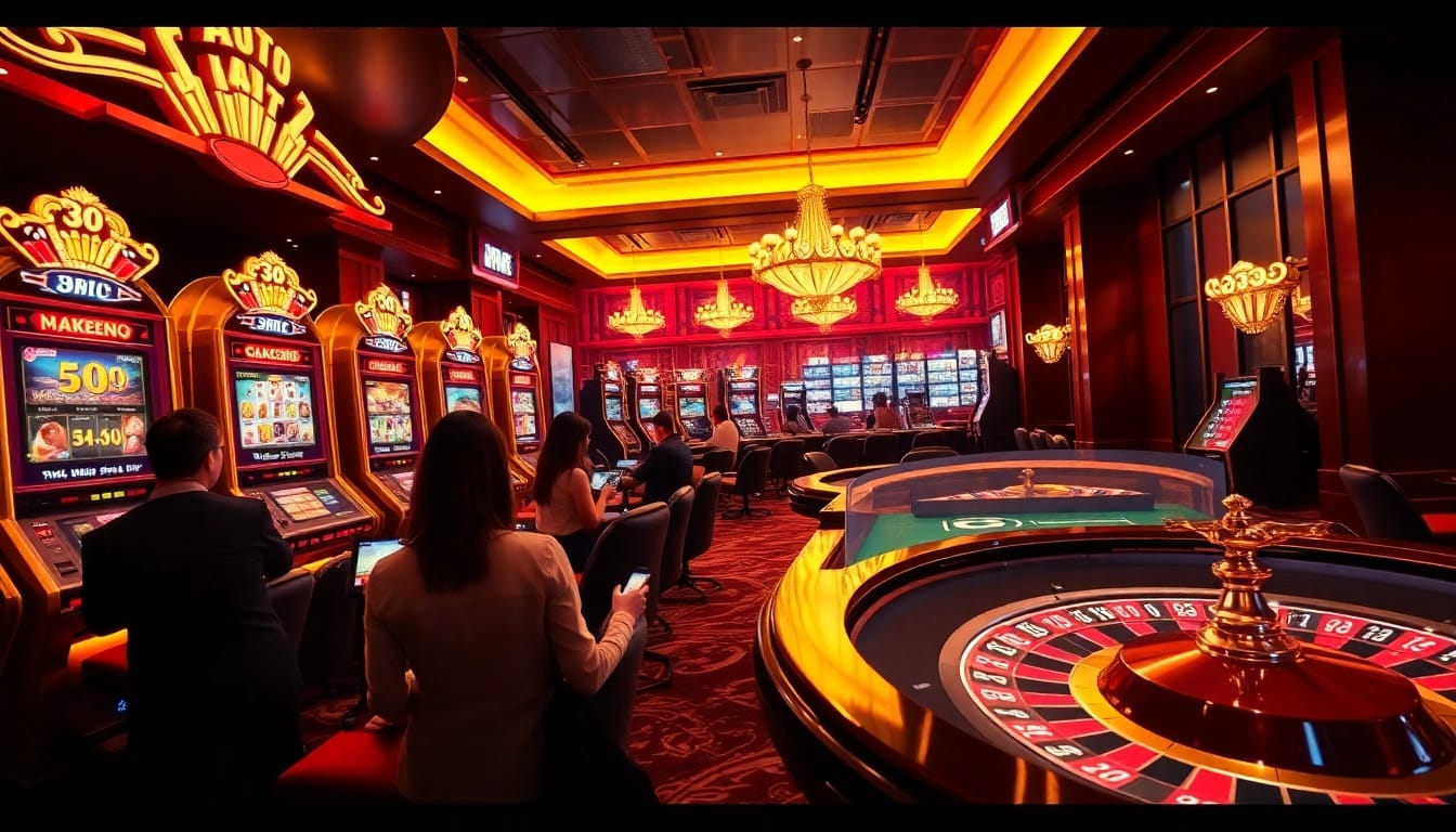 Excited players engaging with Sam86's online gaming platform in a luxurious casino setting.