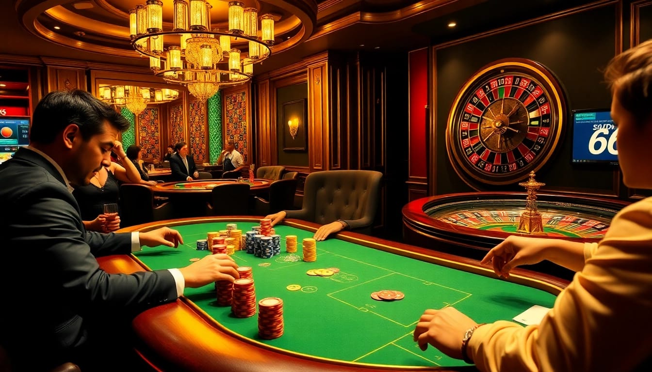 Experience the thrill of SODO66 casino with players in action at a high-stakes poker table surrounded by luxurious decor.