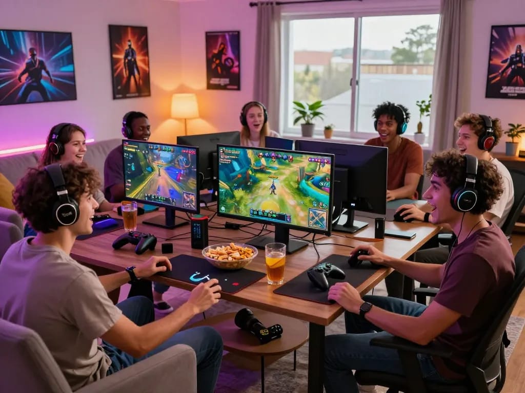 Group enjoying multiplayer gaming with mpi2121 on vibrant screens in a cozy setting