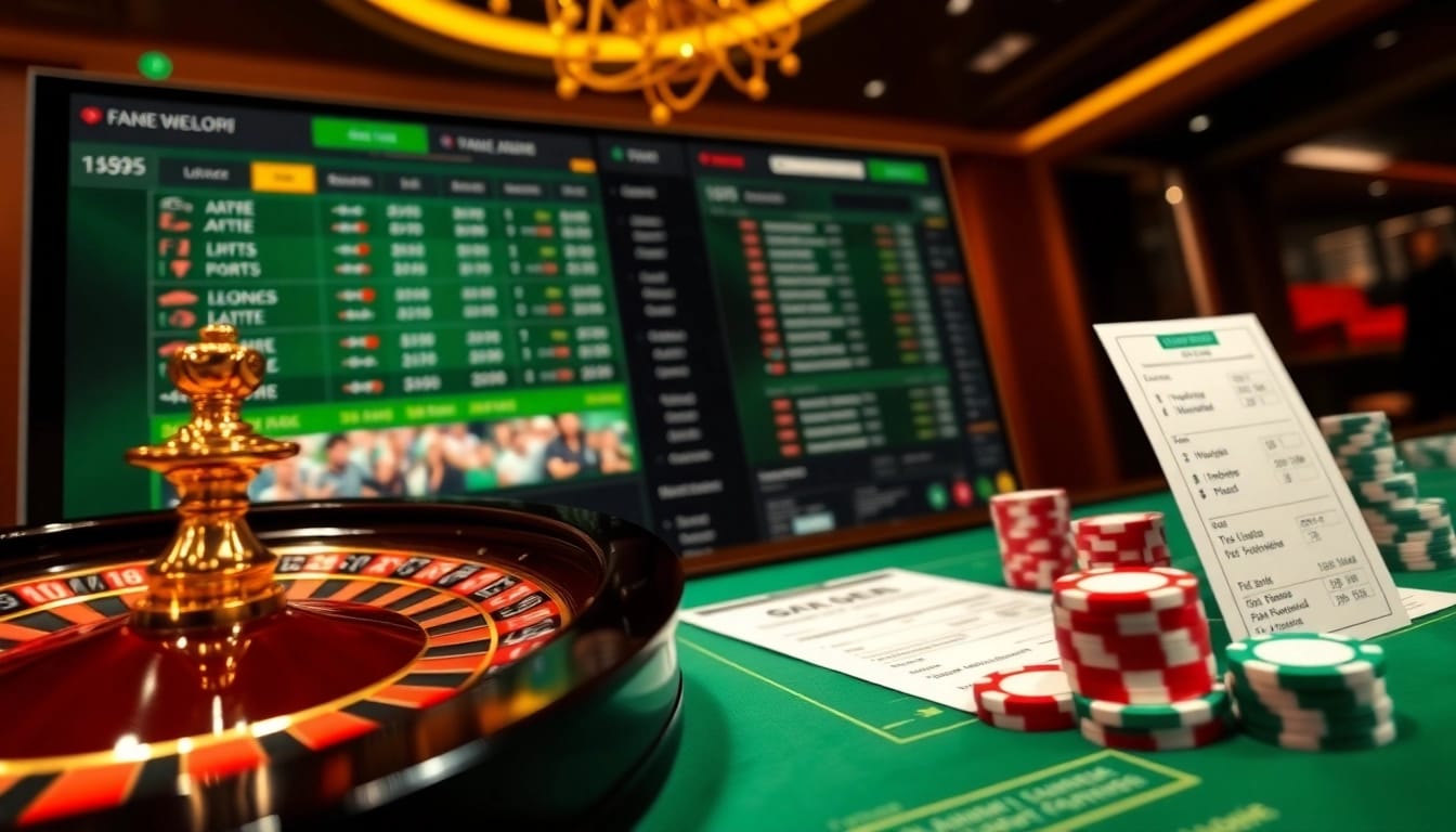 A dynamic betting scene at Situs Judi Bola Terbesar Di Dunia, showcasing an online roulette setup with poker chips and betting slips.
