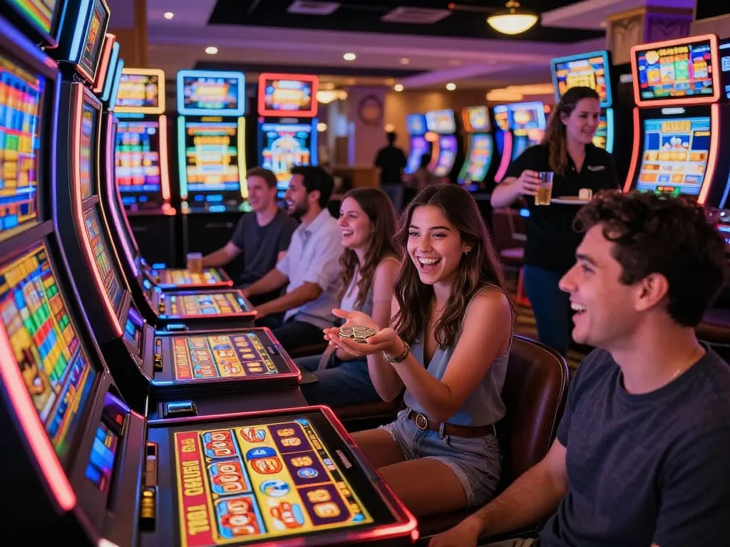 Players enjoying a thrilling experience at a vibrant casino, celebrating their slot gacor hari ini wins with excitement.