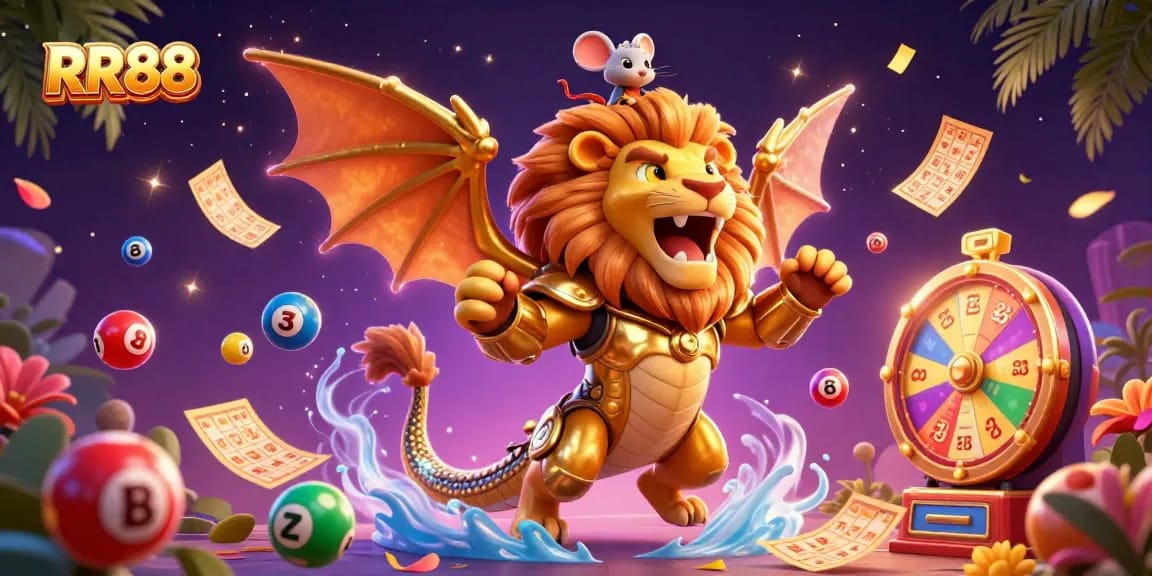 Experience thrilling wins at RR88 with 3D casino action featuring a chimera and vibrant lottery elements.