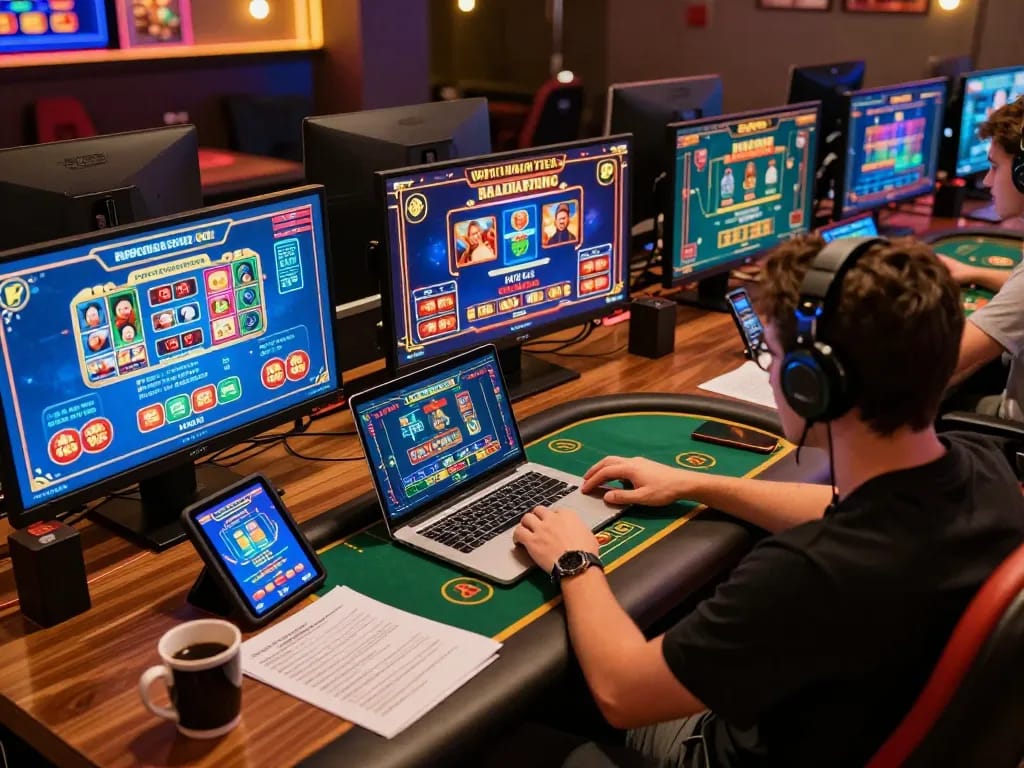 Engaging online gaming session with poker and slots on multiple screens showcasing 789 strategies