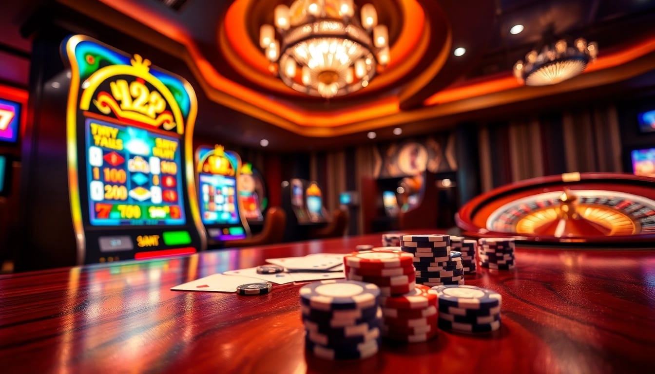 Playing RTP Slot Gacor at a vibrant casino table filled with colorful chips and cards.