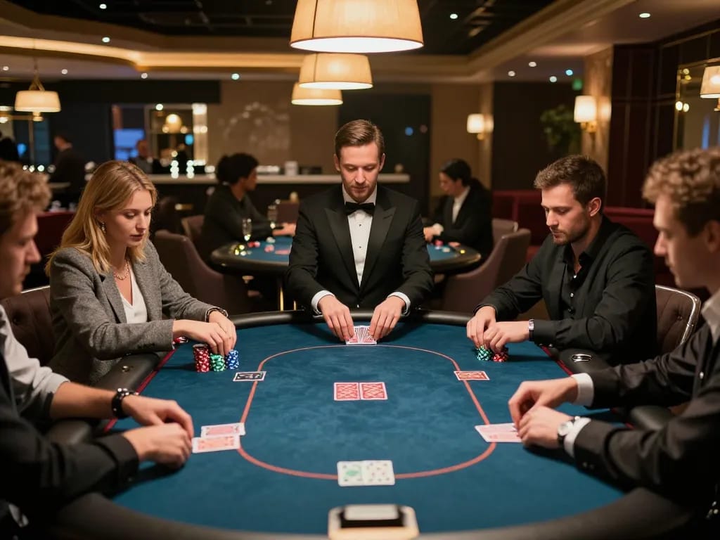 Players at a poker table immersed in a game at UK88, showcasing strategic bets and chip management.