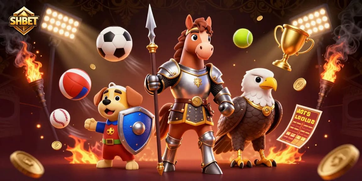 Experience the excitement of SHBET with an action-packed gambling scene featuring a medieval knight and dynamic sports elements.