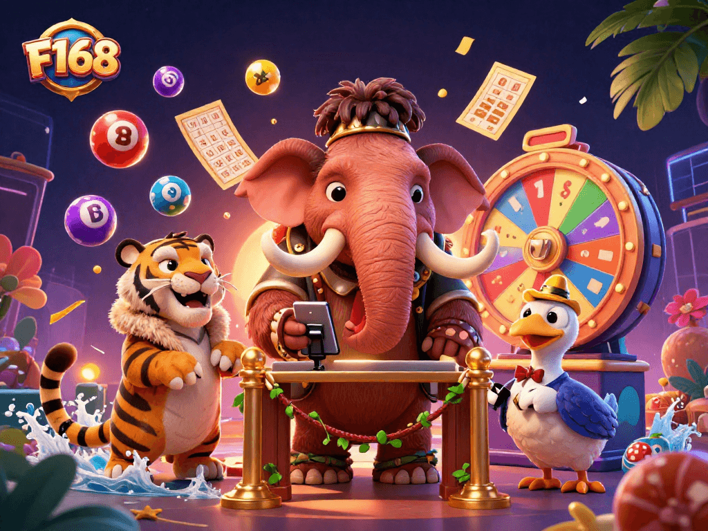 F168 casino experience featuring a mammoth bouncer, saber-tooth guest, and dodo doorman amid vibrant game elements.