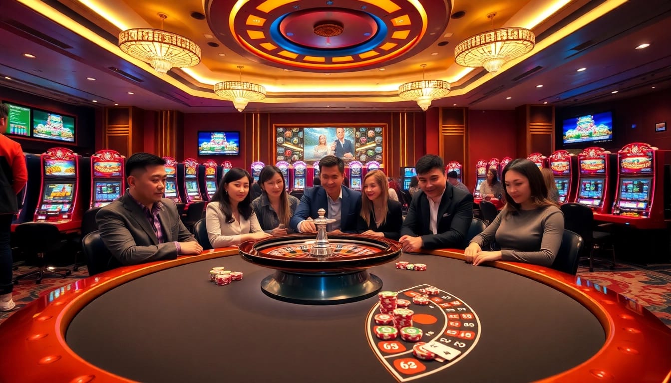 Lô Đề Trực Tuyến excitement captured in a luxurious casino with a roulette wheel, blackjack table, and vibrant gaming atmosphere.