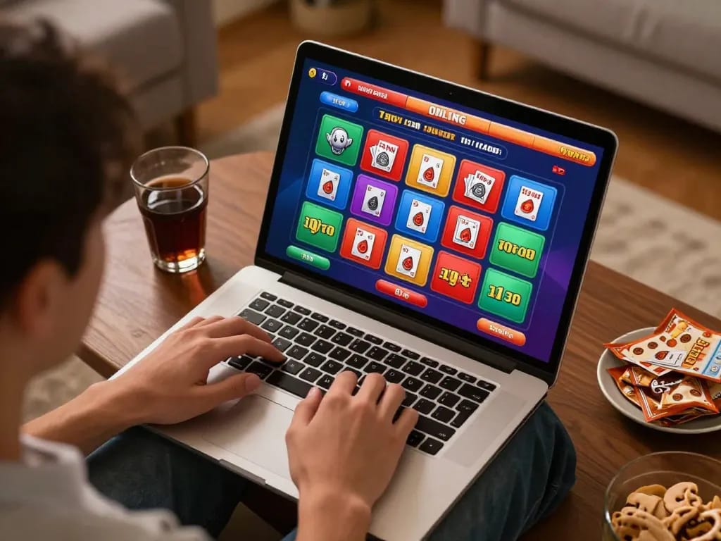 Engaging gaming moment with togel online displayed on laptop in a cozy home setting, highlighting strategic play.