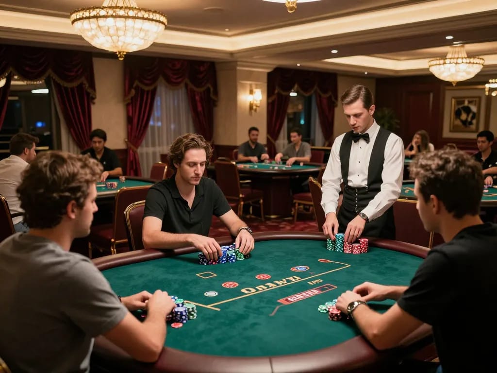 Pemain menikmati poker dengan taruhan tinggi di ruang permainan VIP AMAN333 dengan dekorasi mewah