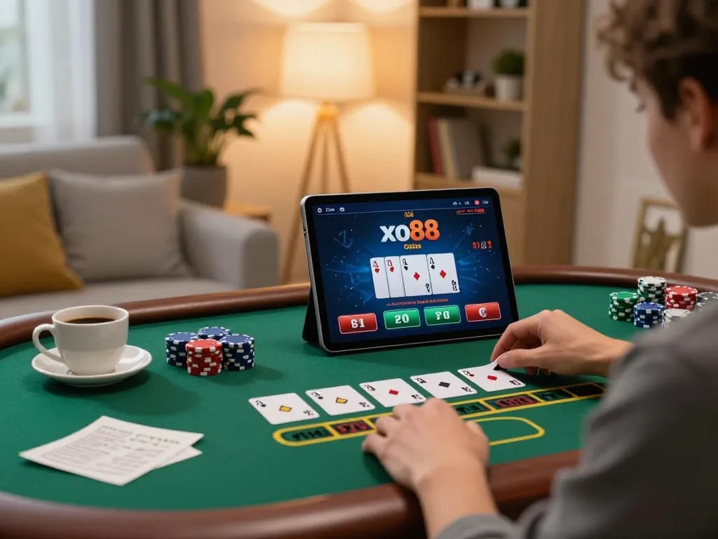 Player enjoying a thrilling game on xo88 casino tablet at home, focused on strategic play.
