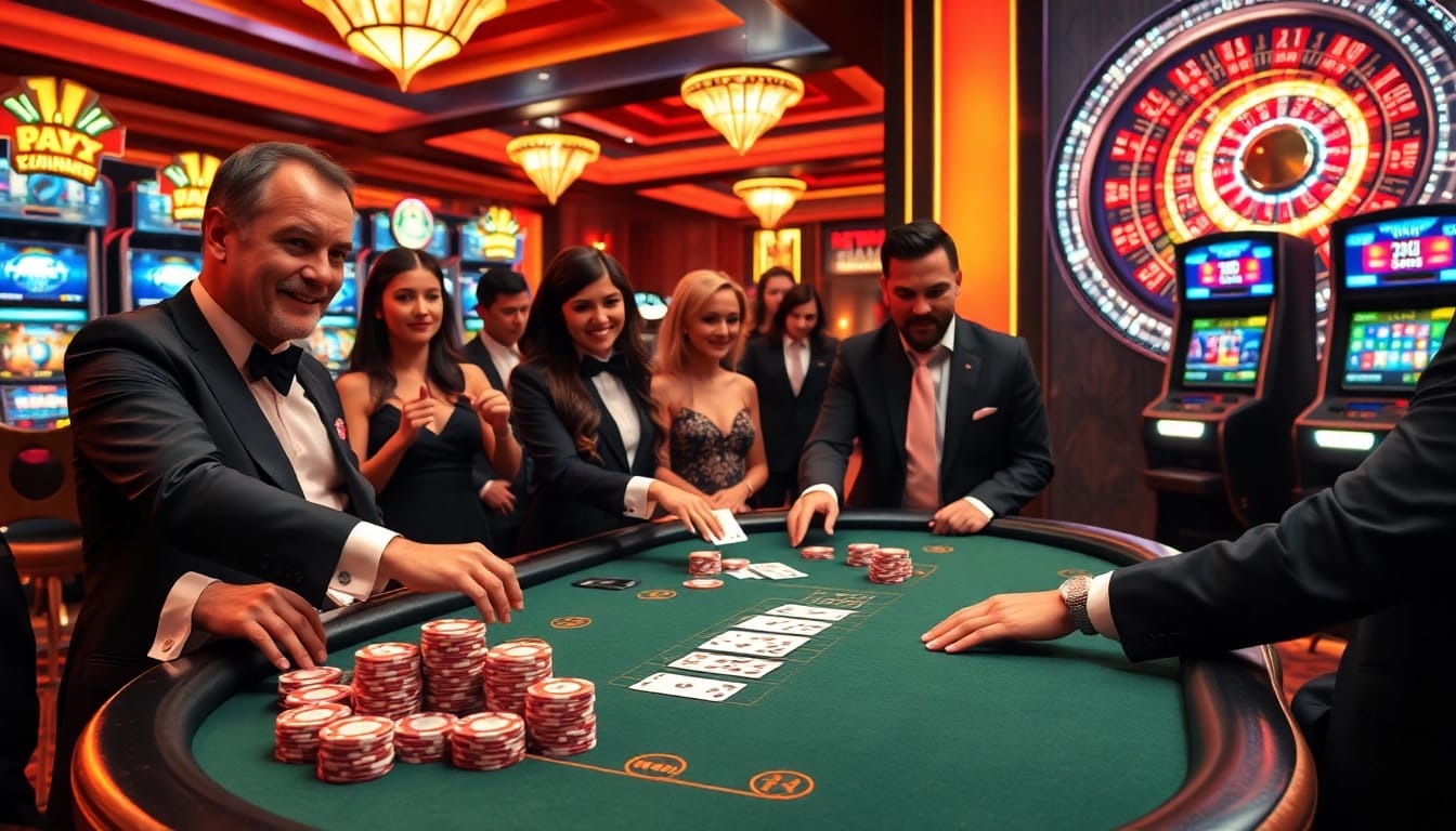 Excited players engaging in a high-stakes poker game at https://mmoo1.de.com/, showcasing luxury and thrill in a casino setting.