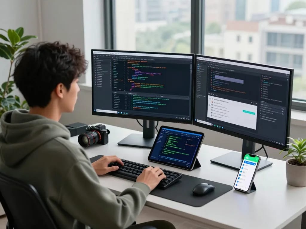 juicy ai developer coding AI chatbots in modern workspace with multiple monitors