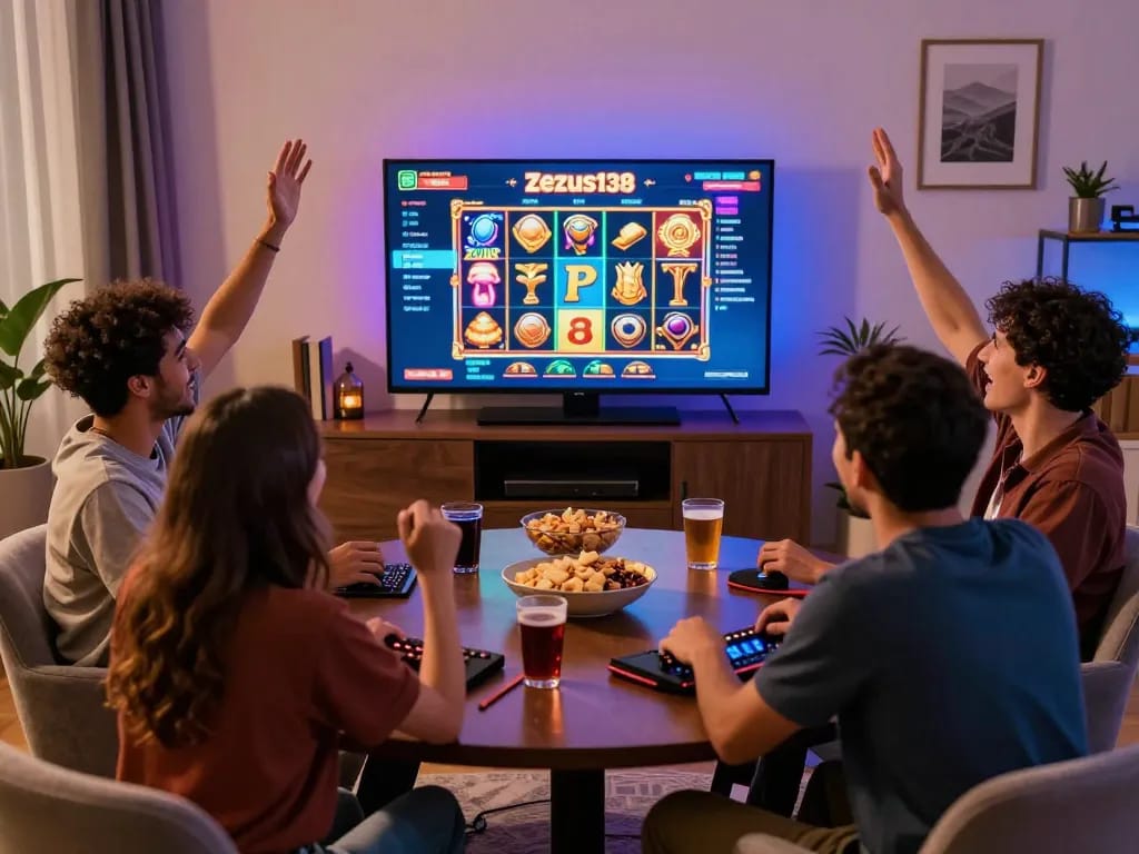 Friends celebrating a win while playing Zeus138 online slot games in a cozy living room.