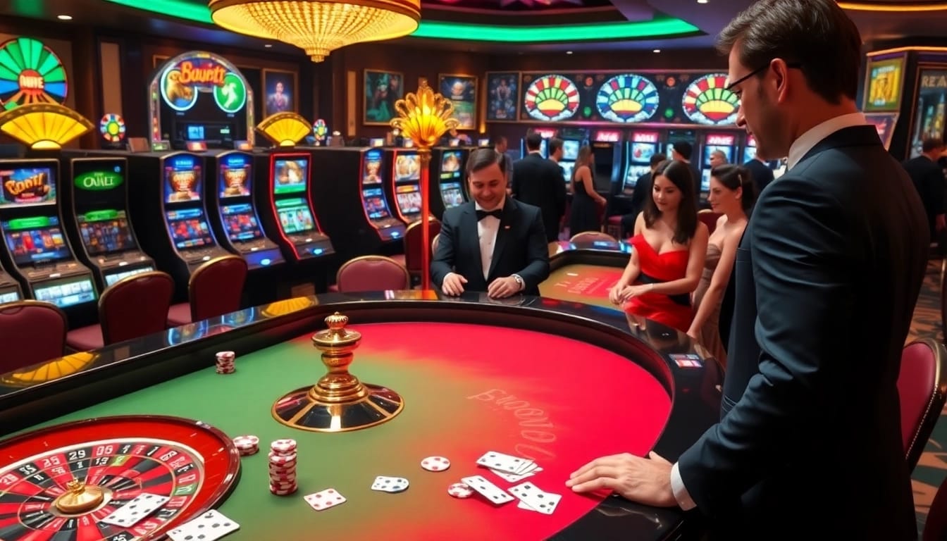 Exciting casino scene with gamblers at B29 roulette table and vibrant slot machines.