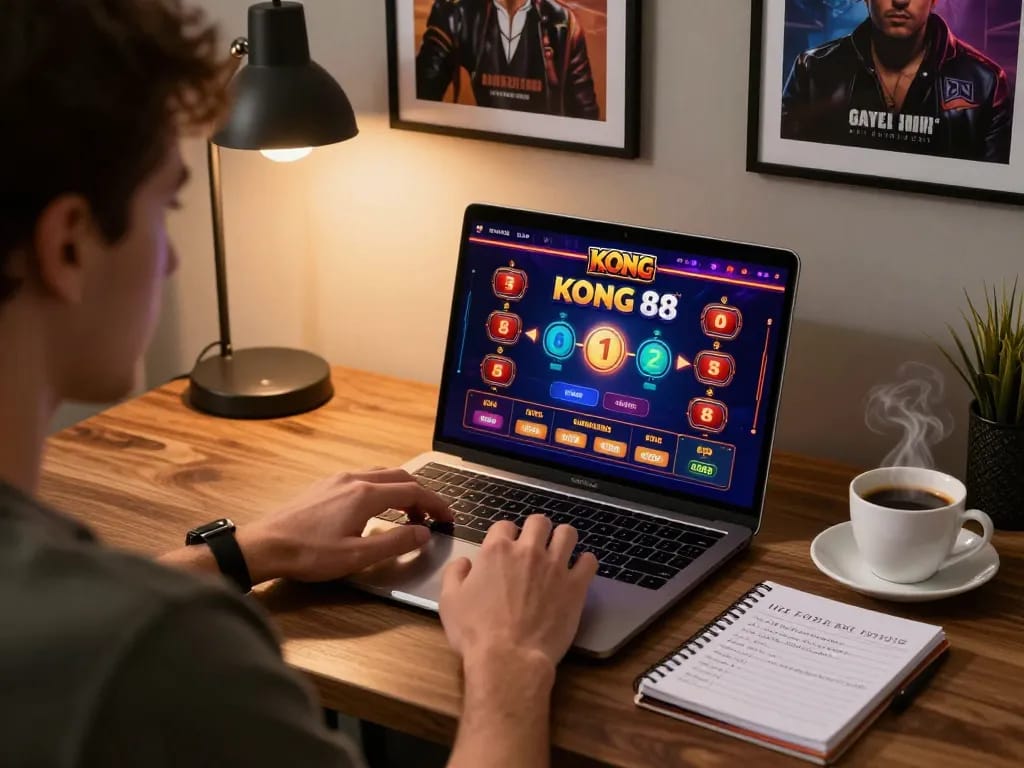 KONG 88 online gambler using laptop for strategy-focused gameplay with notes and cozy atmosphere.