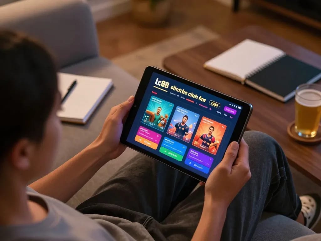 Lc88 chính thức online gaming setup with tablet interface, cozy home atmosphere and focused player engagement.