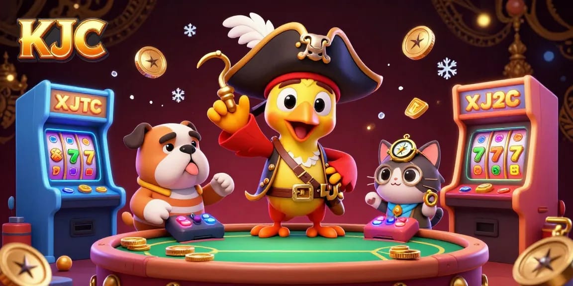 KJC enhances the gaming experience with a vibrant 3D casino illustration featuring a pirate captain and game machines.