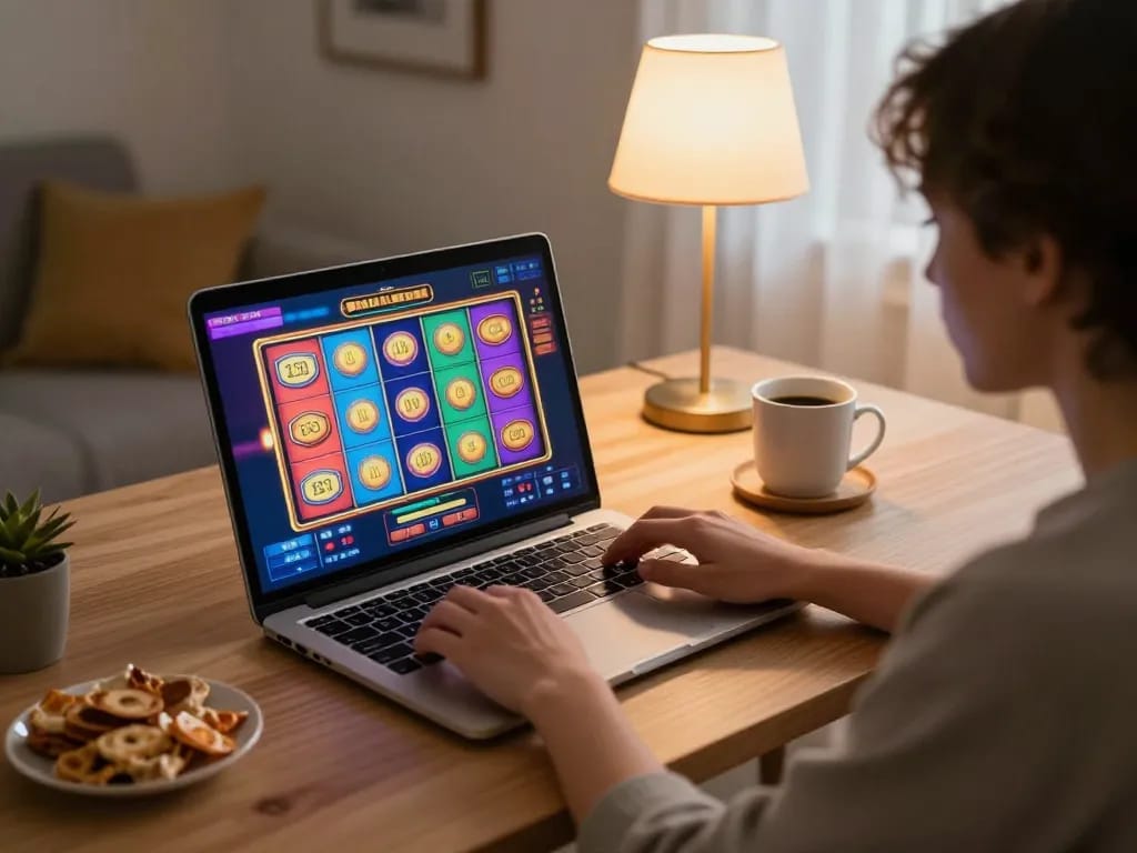 Player engaged in slot online gaming on a laptop, spinning colorful reels in cozy home setting