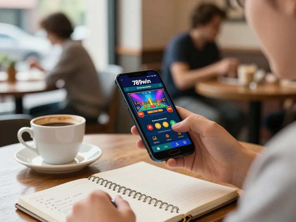 Player enjoying the 789win app on a smartphone while sipping coffee in a cozy atmosphere.