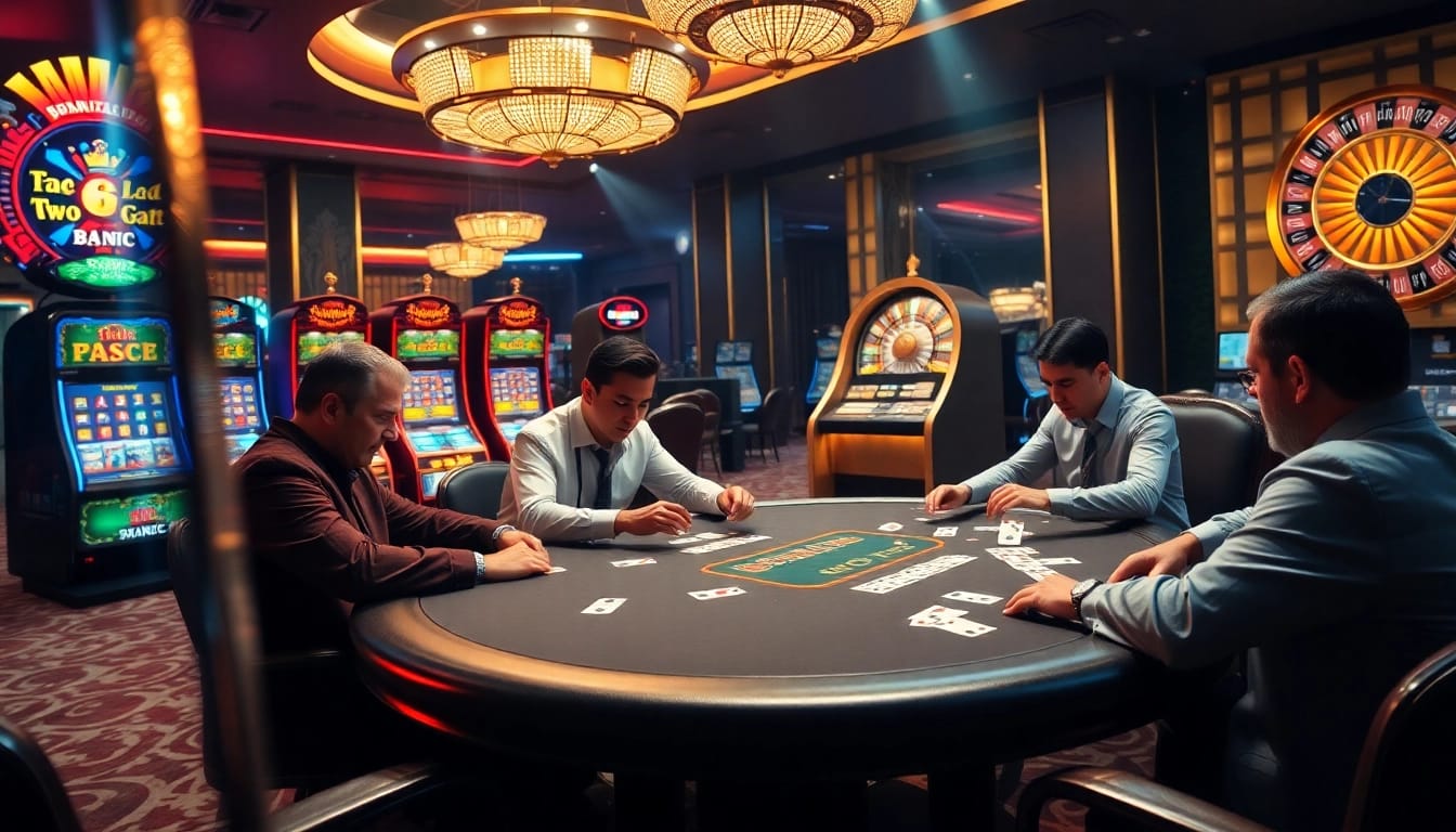BDTK1 poker players strategizing at a luxury casino table surrounded by vibrant gambling elements.