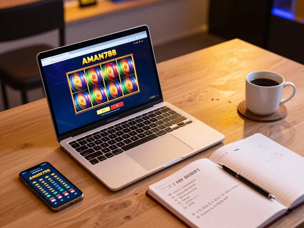 Main slot online dengan aman788 di laptop modern dalam pengaturan bermain yang nyaman